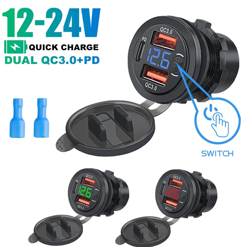 Auto Onboard Ladegerät Dual USB Schnell ladung 3,0 Port und PD-Buchse mit digitalem Voltmeter Druckknopf schalter Auto Boot LKW RV Image