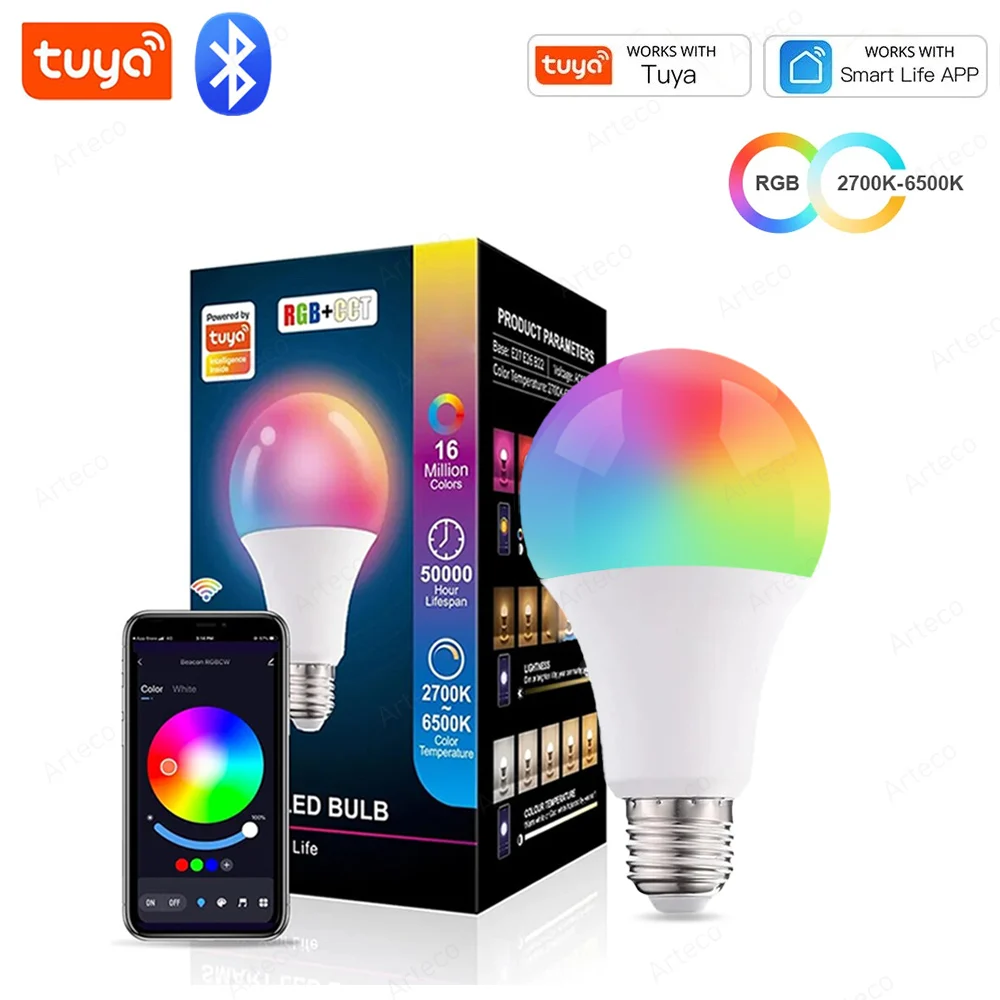 Bluetooth Smart LED Birne Tuya Glühbirnen AC 85-265 V Dimmbare Scheinwerfer Birne 15 W E27 RGB + CW + WW LED Farbwechsel Lampe Für Zuhause Image