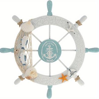 Nautical Beach Wooden Ship Steering Wheel With Fishing Net And Shell Wall Decor For Home - White - Suitable For Ages 14+
