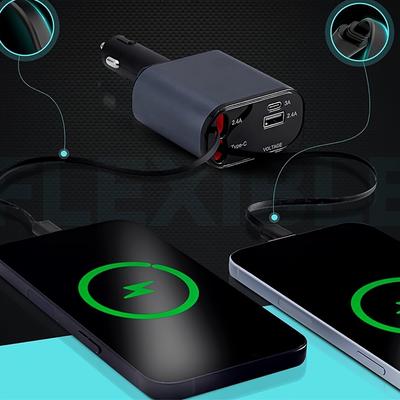 TEMU Retractable Car Charger4 In 1 Fast Car Phone Charger 60w, Retractable Cables And Usb Car Charger, Compatible With Iphone 15/14/13/12/11, Pixel Tcl And More (two Specifications)