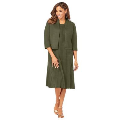 Plus Size Women's 2-Piece Sweater Jacket Dress by Jessica London in Dark Olive Green (Size 12) Cardigan Set