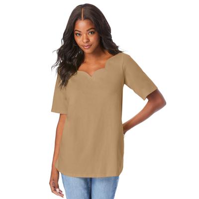 Plus Size Women's Scalloped Scoop Neck Ultimate Tee by Roaman's in Soft Camel (Size 26/28)