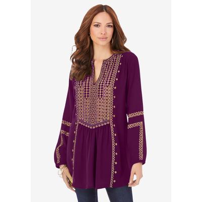 Plus Size Women's Embroidered Boho Tunic by Roaman's in Dark Berry (Size 36 W)