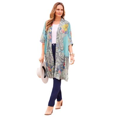 Plus Size Women's Luxe Georgette Long Kimono by Catherines in Turq Floral Paisley (Size 3X)