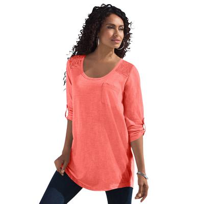 Plus Size Women's Textured Lace Trimmed Tunic by Roaman's in Sunset Coral (Size M)