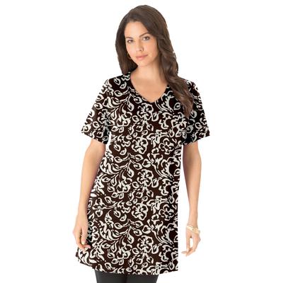 Plus Size Women's Plus Size Cotton Short Sleeve V-Neck Ultimate Tunic by Roaman's in Chocolate Oatmeal Floral (Size L) Long T-Shirt Tee