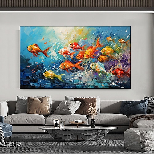 handgemaltes Ölgemälde mit schwimmenden Fischen auf Leinwand, extra großes Tiergemälde, handgemachte Wandkunst, abstrakte Fischkunst, individuelles Gemälde, minimalistische Dekoration für Wohnzimmer, Image