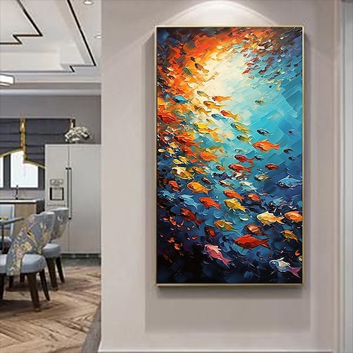 handgemaltes Ölgemälde mit schwimmenden Fischen auf Leinwand, extra großes Tiergemälde, handgemachte Wandkunst, abstrakte Fischkunst, individuelles Gemälde, minimalistische Dekoration für Wohnzimmer, Image