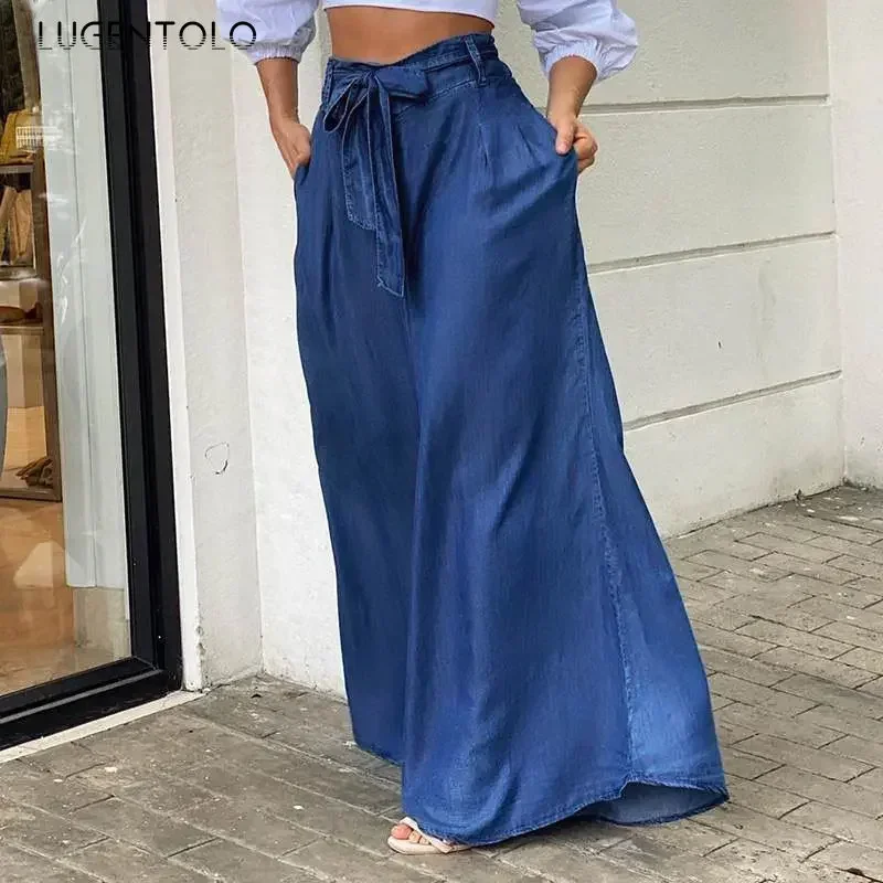 Elegante Jeans mit hoher Taille Frauen Denim Sommer Hose mit weitem Bein Schnürung solide weibliche Lage Größe Straße Freizeit hose Kleidung