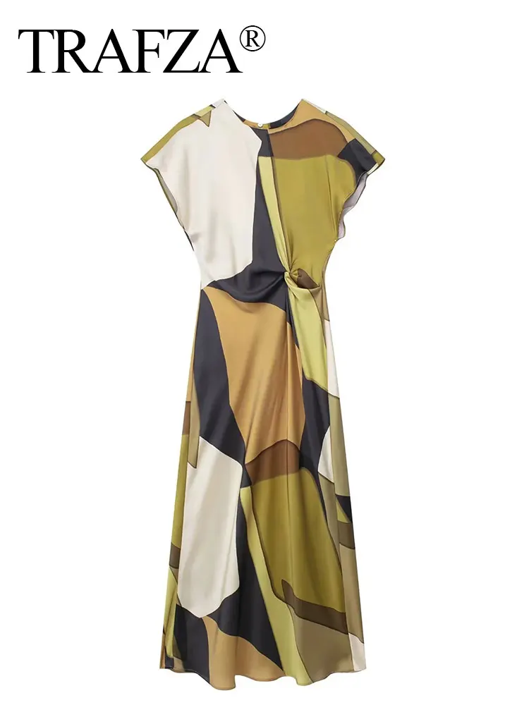 HH – robe mi-longue imprimée en Satin pour femmes, manches courtes, longue, élégante, robes de soirée, Vintage, décontractée, 2024