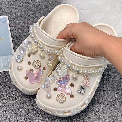 12/14pcs Purple Butterfly White Bear Faux Pearl Chain Shoe Charms For Clogs Sandal Decoration, Diy Accessories