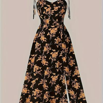 TEMU Y2k Women's Floral Print Off-shoulder A-line Dress - Lightweight Summer Machine Washable Elegant Party & Casual Outfit, Fitted Silhouette Image