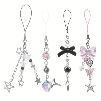 TEMU 4pcs Cute Phone Charms Aesthetic Y2k Cell Phone Charms Strap Pink Strawberry Butterfly Star Phone Charm Y2k Accessories For Phone Bag Keychain For Airpods Camera Pendants Decor