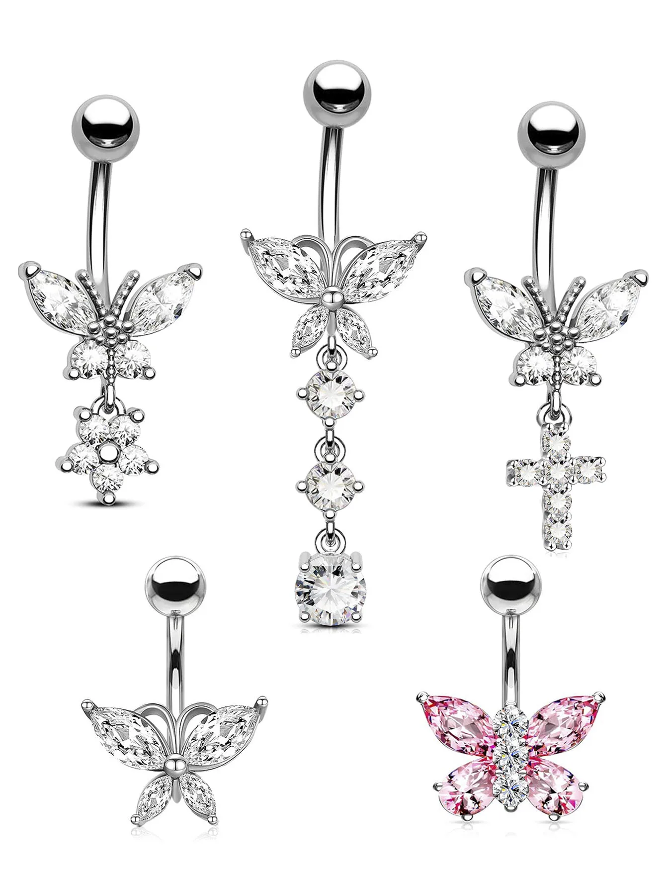 Butterfly Dangle Belly Button Ring Surgical Steel Navel Rings Pink Zircon Umbilical Ring Hypoallergenic Tummy Ring Piercing