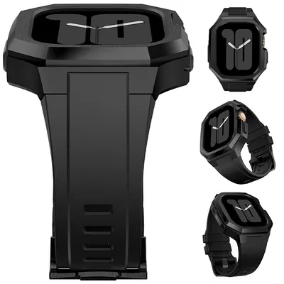 Stainless Steel Case Mod Kit for Apple Watch Ultra 2/1 49mm 46mm 45mm 44mm Fluororubber Strap for IWatch Series 10 9 8 7 6 5 4 3