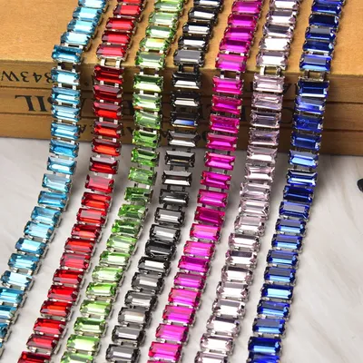 1 Yard Multicolor 5*10mm Rectangle Glass Rhinestone Chain Sew on Crystal Trim Ribbon Applique Diy