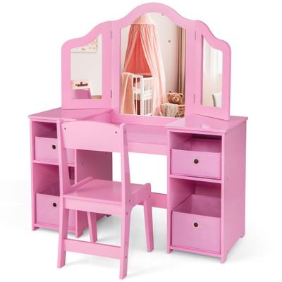 Costway Kids Vanity Table and Chair Set with Removable Mirrors and 4 Storage Bins-Pink