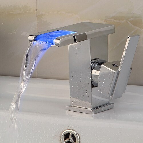 Waschbecken Wasserhahn im modernen Stil LED / Wasserfall galvanisiert Centerset Einhand-Einloch-Badarmaturen / Waschbecken Wasserhahn Zubehör / zeitgenössisch / Vintage / ja / Messing Image