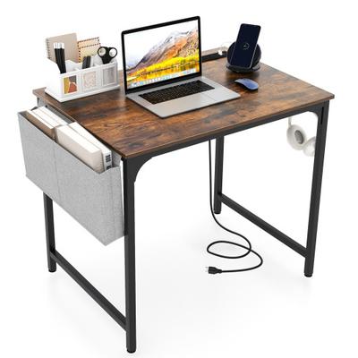 Costway 32 Inch Home Office Desk with Charging Station Storage Bag and Headphone Hook-Rustic Brown