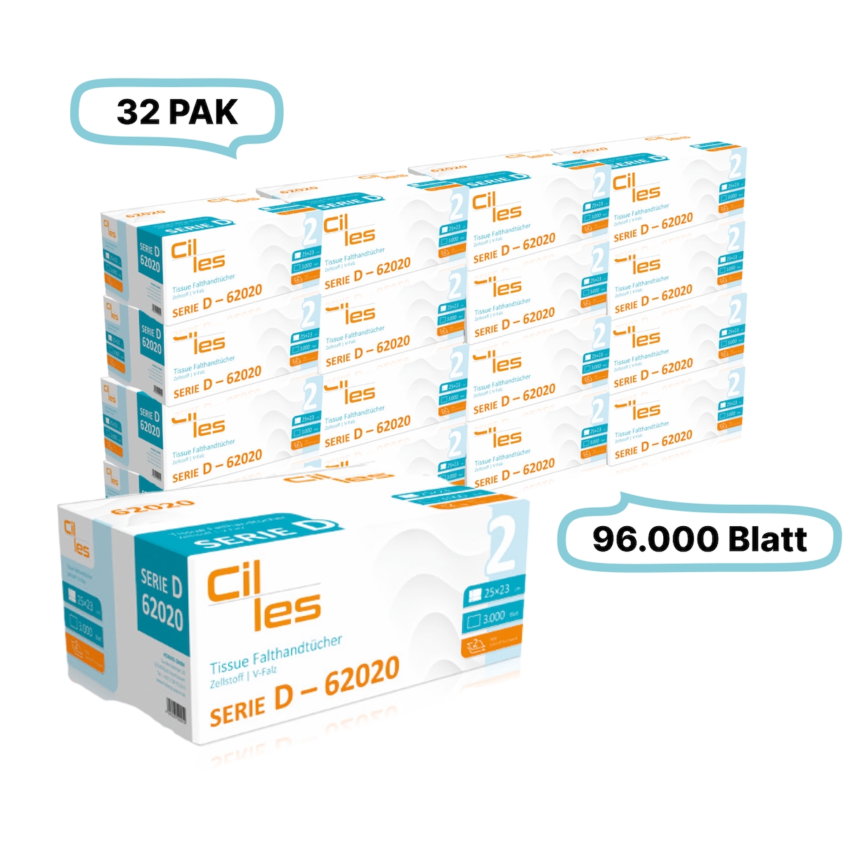 Blanc HYGIENIC Falthandtücher 25x23cm, 2-lg, 32 Pak, 96.000 Blatt gesamt, 3.000 Blatt/ Pak, 100% Zellstoff, V-Falz, CIL- les Tissue, Series D Image