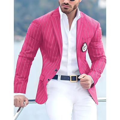 Men's Graduation Cocktail Attire Blazer Business Formal Evening Wedding Party Only tops Fashion Casual Summer Spring Fall Polyester Stripes Pocket Casual / Daily Single Breasted Blazer Black White