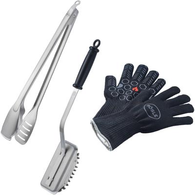Grillbesteck-Set RÖSLE "BBQ Premium", silber (schwarz, silberfarben), Edelstahl, Kunststoff, Grillbesteck-Sets, Grillhandschuhe, BBQ-Grillzange und Reinigungsbürste SlideX