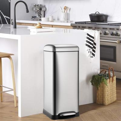 8 Gallon Step Trash Can, Square Fingerprint-Proof Garage Can with Soft-Close Lid