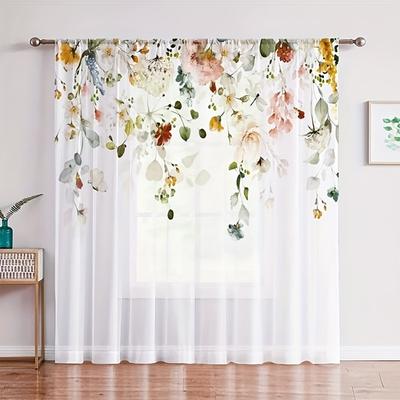 2pcs White Yarn Colorful Flowers Semi-sheer Curtain, Light Filtering Voile Drape For Living Room Bedroom Kitchen Cafe Curtains