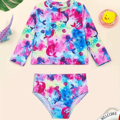 TEMU 2pcs Toddler Girls Bikini Tankini Swimsuit Tie Dye Mermaid Graphic Long Sleeve Top & Shorts Set Kids Summer Beach Clothes Sun Protection Bathing Suits