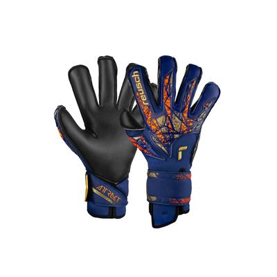Torwarthandschuhe REUSCH "Attrakt Duo Evolution", Damen, Gr. 9, bunt (goldfarben, blau), 74% Elastodien, 21% Polyester, 5% Polyamid, mehrfarbig, sportlich, Handschuhe, mit Evolution Cut Image