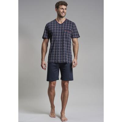 Shorty GÖTZBURG "Bronx", Herren, Gr. 48 (S), blau (navy), Single Jersey, Obermaterial: 100% Baumwolle, bedruckt, kariert, klassisch, bequem kniefrei, V-Ausschnitt, Kurzarm, Homewear-Sets, Kurzarm, V-Ausschnitt, kurze Hose, Baumwolle, mit Muster Image