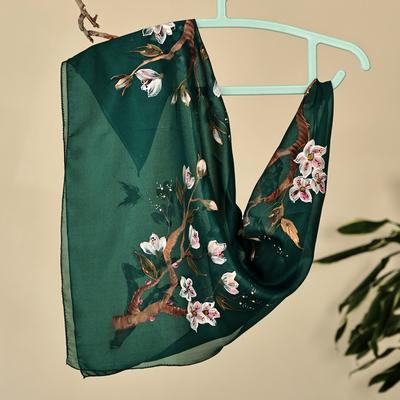 'Hand-Painted Floral-Themed Soft Green 100% Silk Scarf'