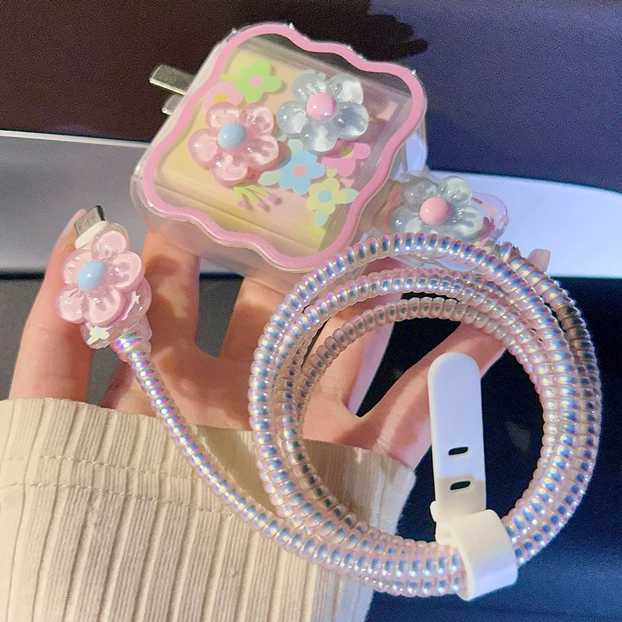 3D Rosa Blume Kabel Ladegerät Schutz Abdeckung Für iPhone 15 14 13 12 Pro Max 18 W/20 W Telefon Ladegerät Daten Linie Schutzhülle Image