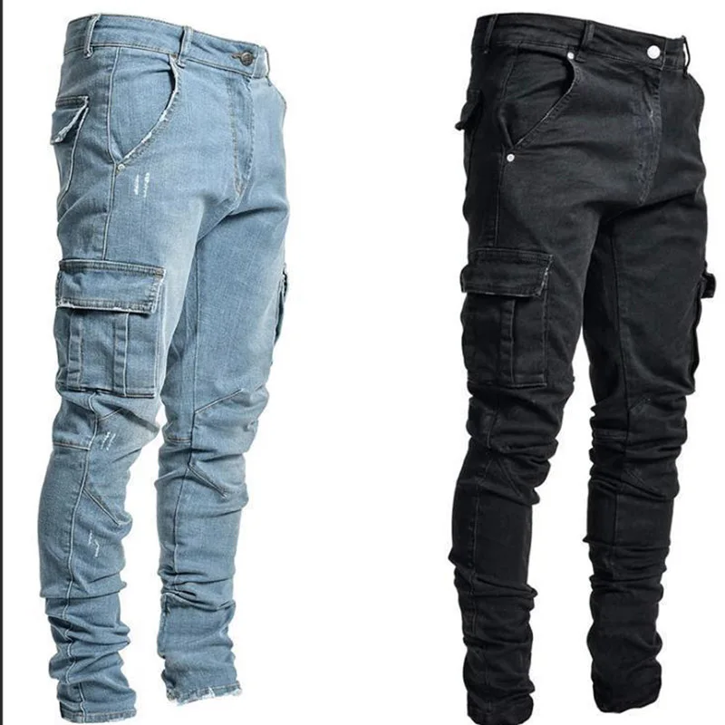 Männer Jeans Hosen Waschen Einfarbig Multi Taschen Denim Mittlere Taille Cargo Jeans Plus Größe Mode Casual Hosen Männlich Marke Blau