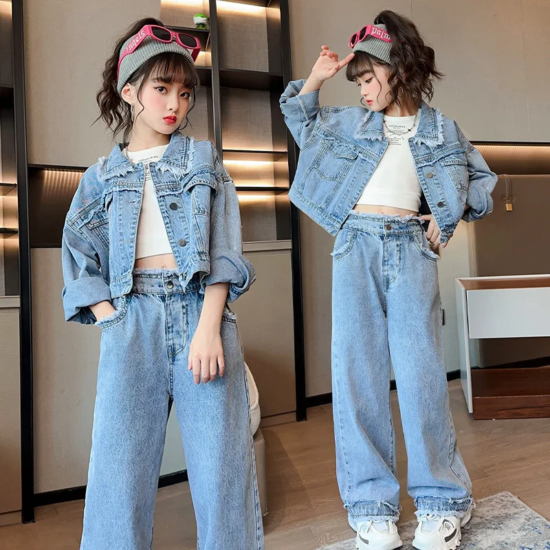 Frühling Herbst Mädchen Kleidung Set Jacke & Hosen Outfits für Teenager 6 8 12 Jahre Kinder Kleidung Schule Kinder Raw Edge Denim Anzüge Image