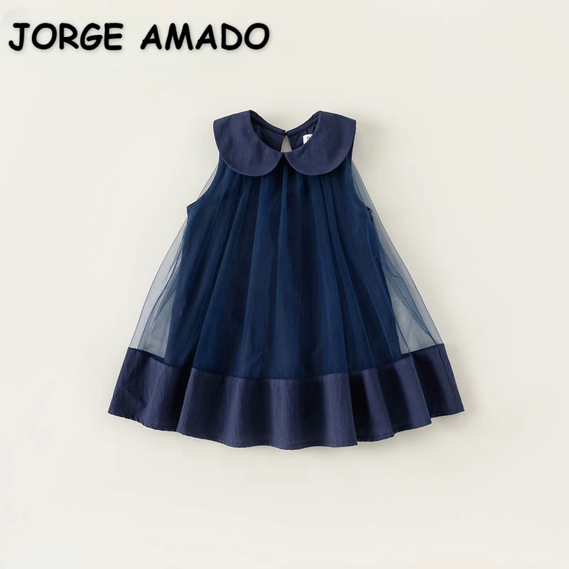 Neue Sommer Baby Mädchen Party Kleid Peter Pan Kragen Mesh Patchwork ärmellose Weste Prinzessin Kleider süße Kinder Kleidung e23079 Image