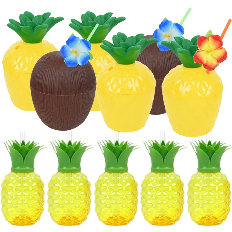 6 stücke Hawaiian Ananas Kokosnuss Trinkbecher Mit Stroh Hawaii Party Luau Flamingo Dekoration Strand Hochzeit Pool Party Liefert Image