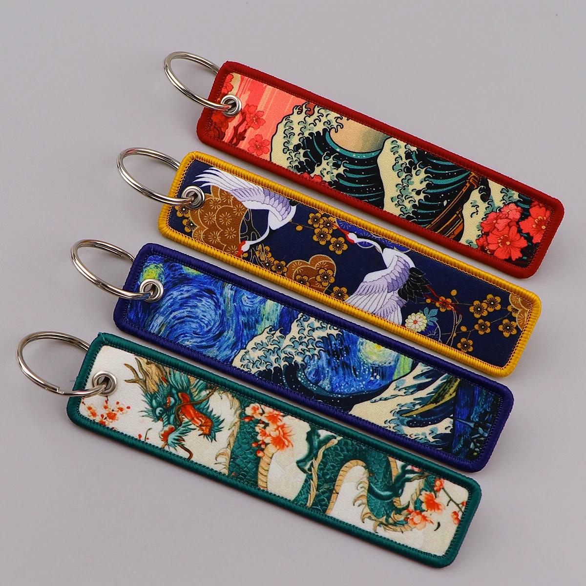Van Gogh Stickerei Schlüsselanhänger Japanische Wellen Schlüsselanhänger Schlüsselanhänger für Motorräder Autos Schlüsselanhänger Zubehör Schmuck Chaveiro Geschenke Image