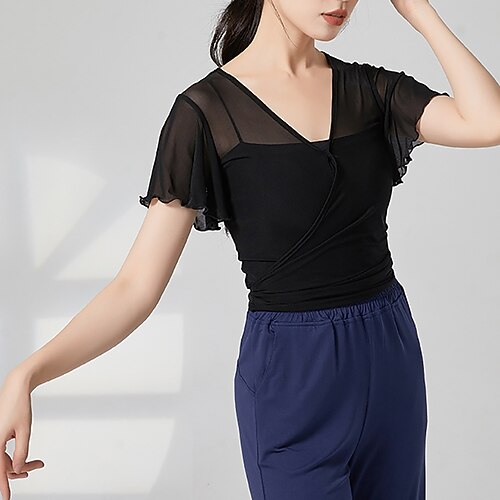 Sportkleidung oben Sattelgurt Pure Farbe Farbaufsatz Damen Leistung Ausbildung Kurzarm Hoch Polyester Image