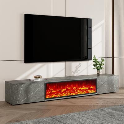 Modern Light Luxury Electric Fireplace TV Stand with LED Flame Effects, Adjustable in Multiple Colors, with 2 Drawers, Matte Sintered Stone, Gray, 94.49