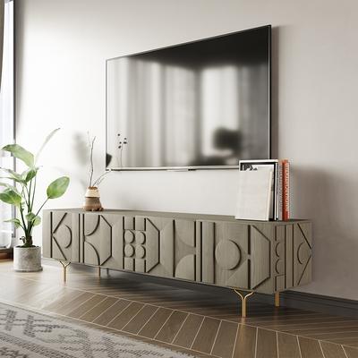 78.74" Mid-Century Modern TV Stand, Red Oak Veneer, Grey TV Console, Wood Media Console, Metal Legs, Perfect for 75-inch TVs