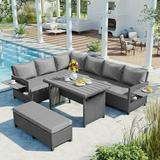 5-Piece Outdoor Patio Rattan Sofa Set Sectional PE Wicker L-Shaped Garden Furniture Set with 2 Extendable Side Tables Dining Table and Washable Covers for Backyard Poolside Indoor Gray