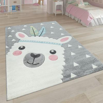 Paco Home - Teppich Kinderzimmer Grau 3-D Motiv Alpaka Design Pastellfarben Weich Robust 140x200 cm