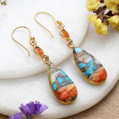 'Gold-Plated Carnelian and Recon Turquoise Dangle Earrings'