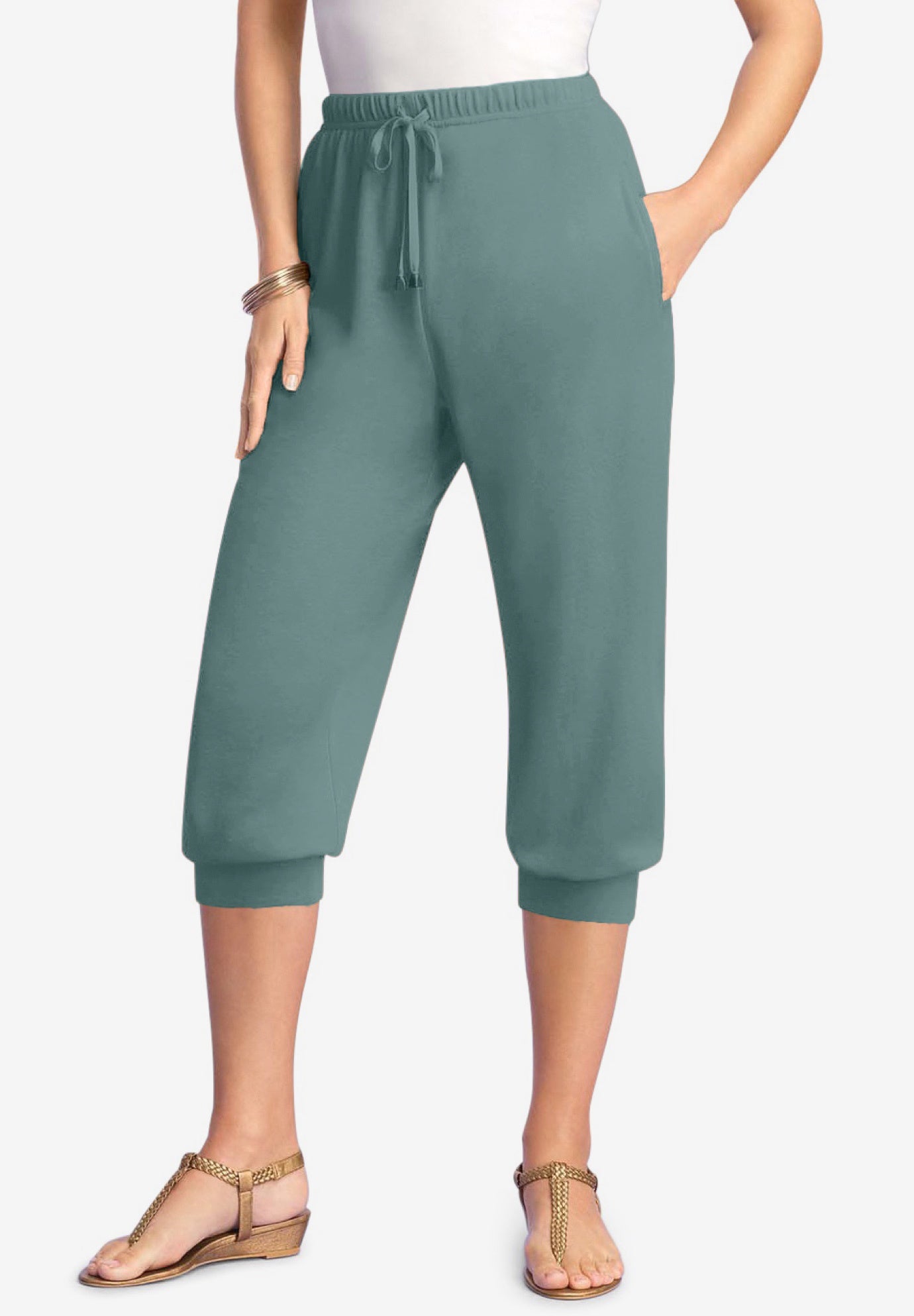 Plus Size Women's Plus Size Soft Knit Capri Pant with Drawstring Waist by Roaman's in Cool Sage (Size S)