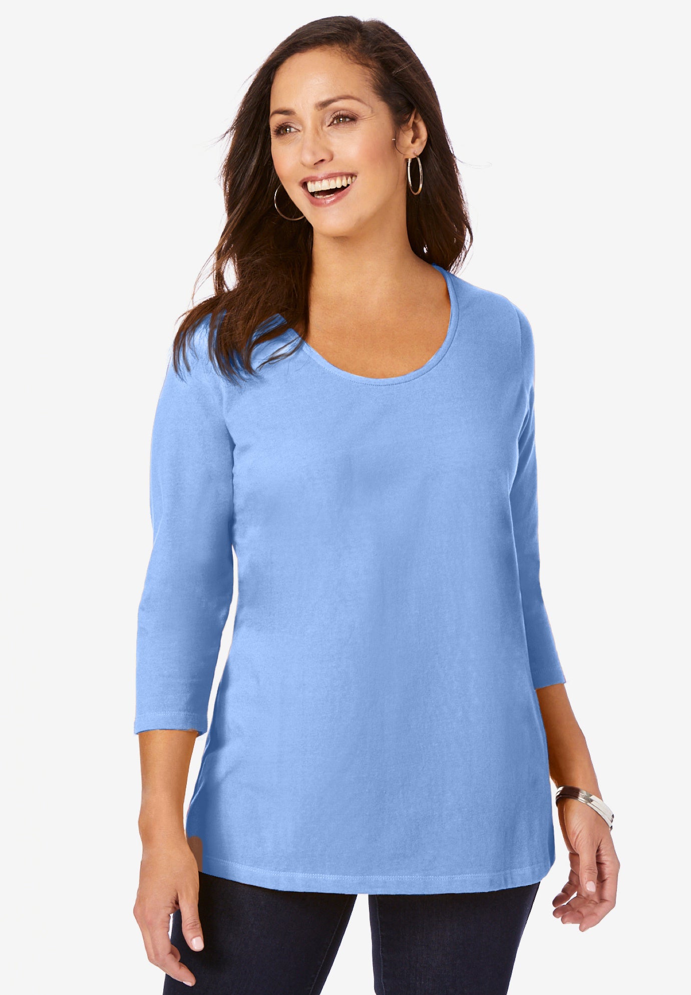 Plus Size Women's Stretch Cotton Scoop Neck Tee by Jessica London in French Blue (Size 30/32) 3/4 Sleeve Shirt