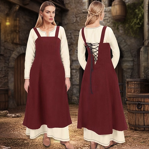 Mittelalterliches Wikinger-Überkleid mit Schürze und geschnürter Rückseite für Damen, Tunika-Kleid-Set, 2-teiliges Outfit für Larp, Ren Faire, Renaissance-Messe, Party, Karneval, Halloween-Kleid