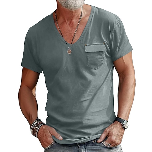 Herren T Shirt T-Shirt Kurzarmshirt Kurzarm V Ausschnitt Frühling Sommer Einfach Mode Designer Basic Fronttasche Urlaub Straße Ausgehen Schwarz Weiß Blau Top T-Shirt für Herren Image