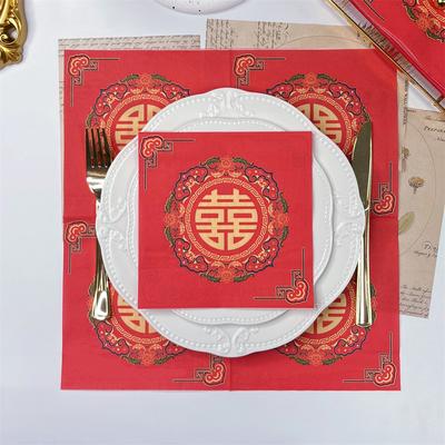 TEMU 20pcs, Chinese Red Happiness Colored Wedding Napkins Virgin Wood Pulp Theme Party Decor Supplies Image