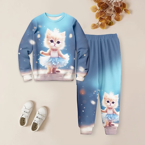 Mädchen 3D Katze Set aus Sweatshirt und Jogginghose Rosa Langarm 3d Drucken Frühling Herbst Aktiv Modisch Kuschelig kinderkleidung 3-12 Jahre Rundhalsausschnitt Outdoor Urlaub Strasse Regular Fit Image